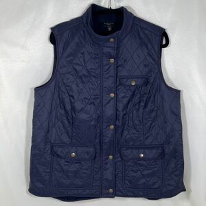 Talbots Snap Front Quilted Vest Womens 1X Fleece Lined Navy Cabincore Hiking